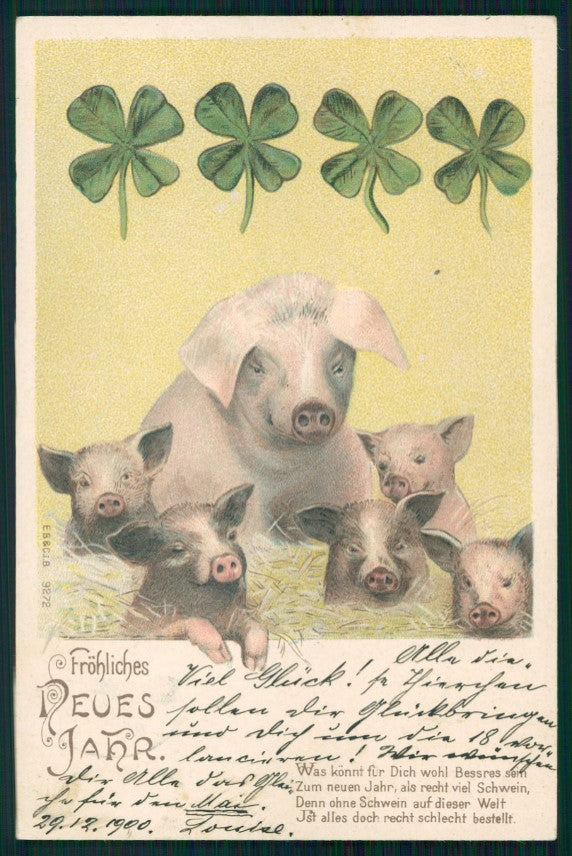 Art Nouveau New Year Maialino Pig Four Leaf Clover 9272 postcard TC3614 – fronte