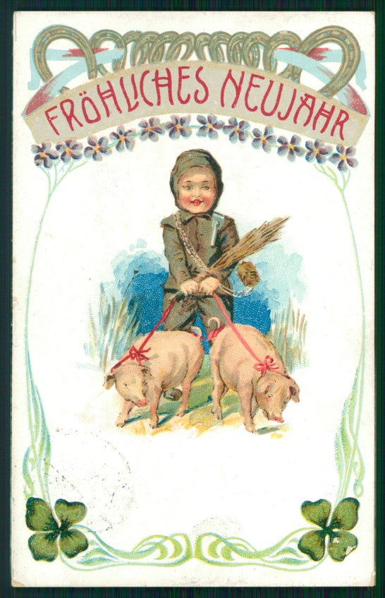 Maialino Spazzacamino Pig Chimney Sweep Four Leaf Clover 545 postcard TC3620 – fronte