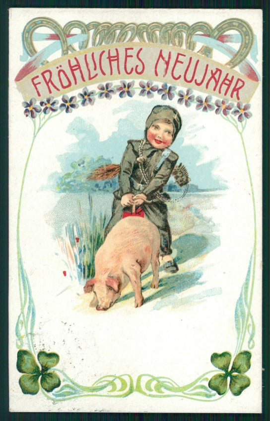 Maialino Spazzacamino Pig Chimney Sweep Four Leaf Clover 545 postcard TC3621 – fronte