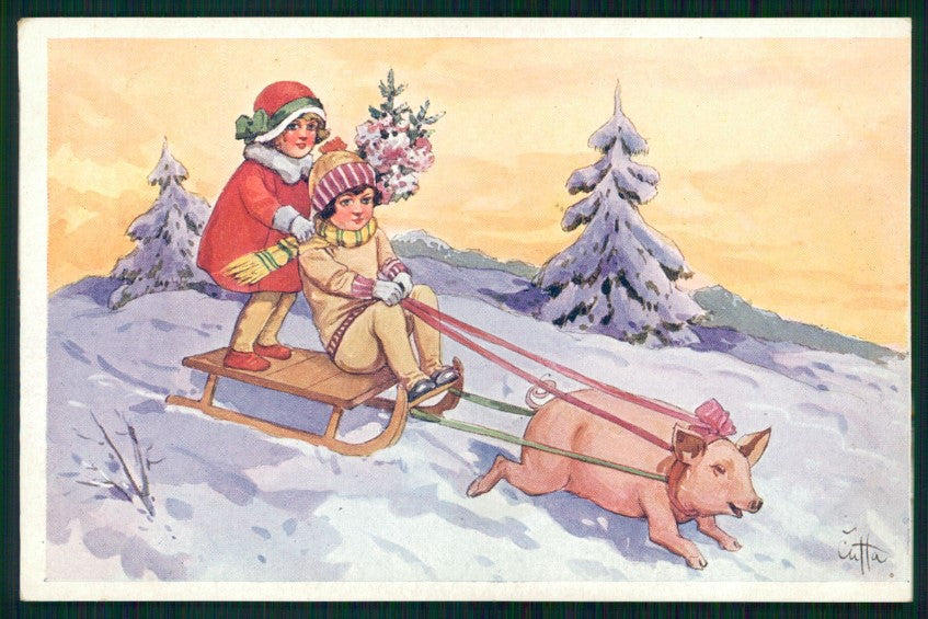 Children Winter Landscape Maialino Pig serie 389-4 postcard TC3628 – fronte