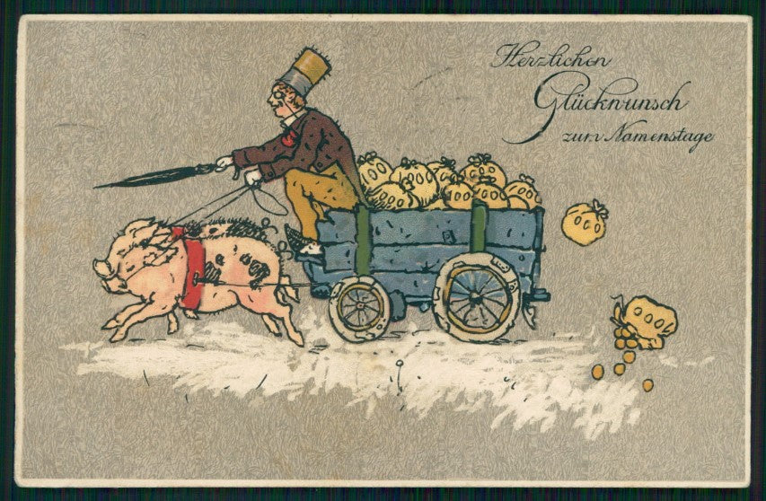Artist Signed F. Baumgarten ? Man Pig Namenstage postcard TC3631 – fronte