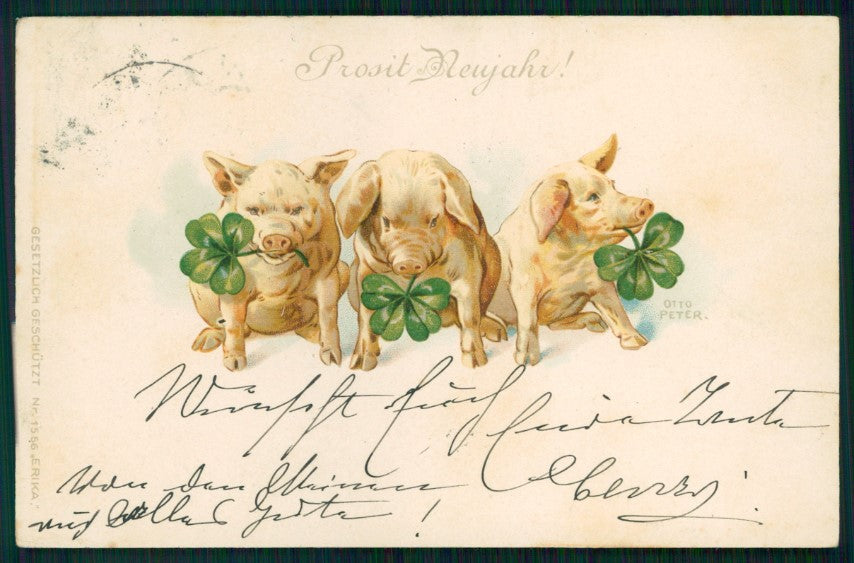 Pig Happy New Year Four Leaf Clover Erika 1556 postcard TC3633 – fronte