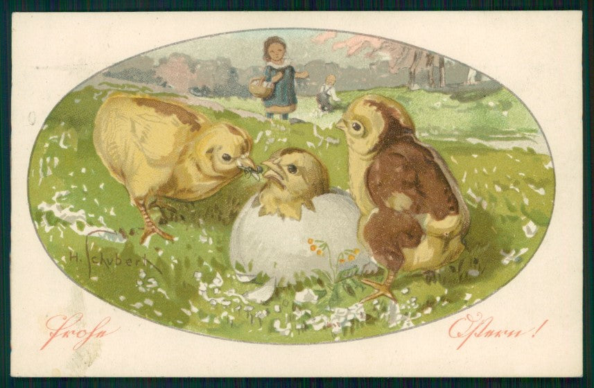 Artist Signed H. Schubert Pasqua Easter Chick Ostern Küken postcard TC3667 – fronte
