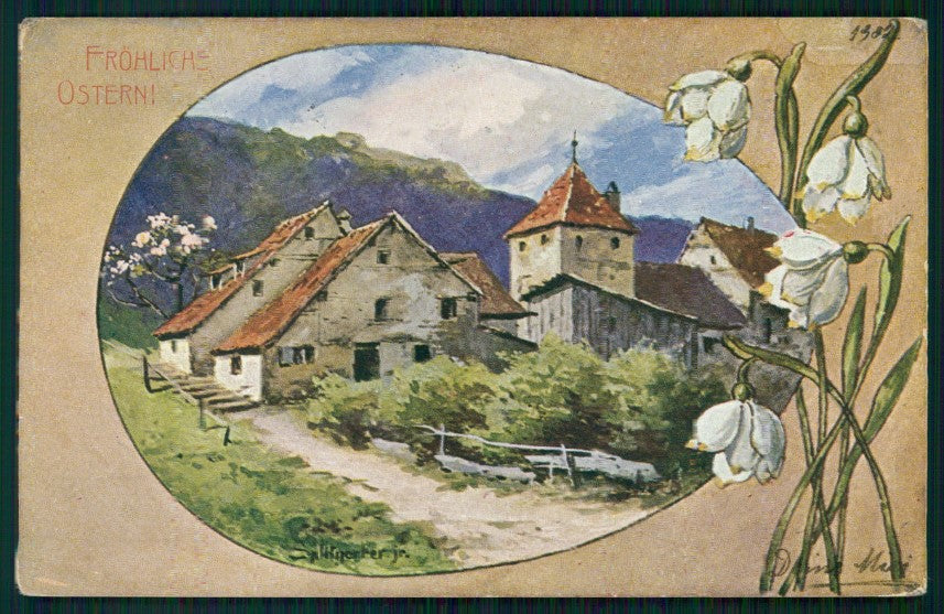 Artist Signed Pasqua Easter Ostern Landscape Egg postcard TC3668 – fronte