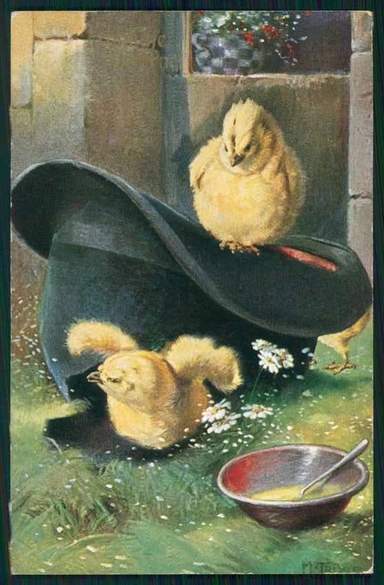 Artist Signed M. Trube Pasqua Easter Chick Ostern Küken Hat postcard TC3669 – fronte