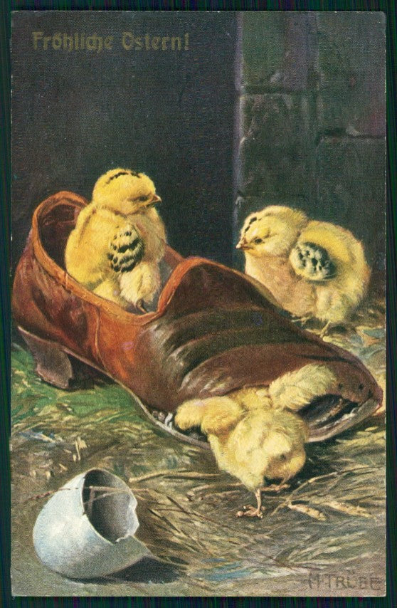 Artist Signed M. Trube Pasqua Easter Chick Ostern Küken Shoe postcard TC3670 – fronte