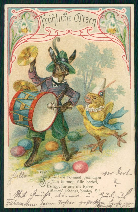 Pasqua Easter Ostern Dressed Rabbit Chick Relief postcard TC3679 – fronte