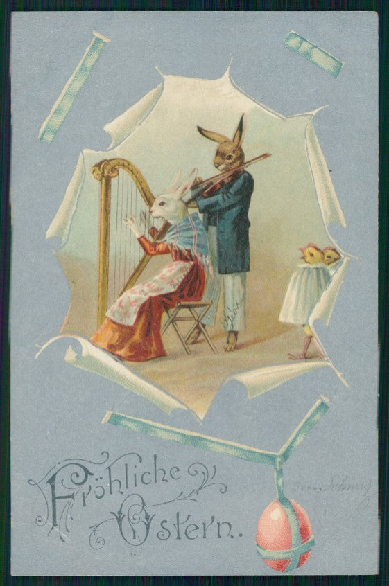 Pasqua Easter Ostern Dressed Rabbit Chick Music Band postcard TC3680 – fronte