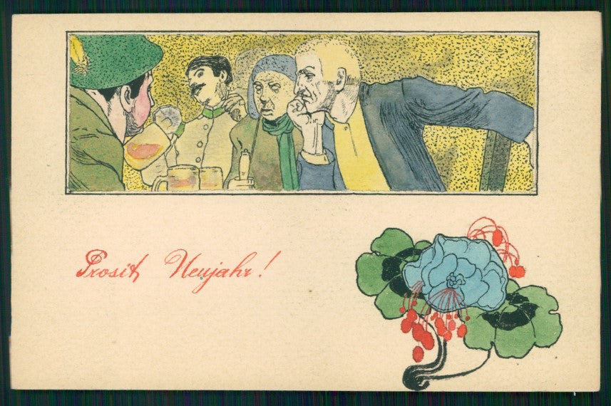 Happy New Year Men Drinking Beer postcard TC3689 – fronte