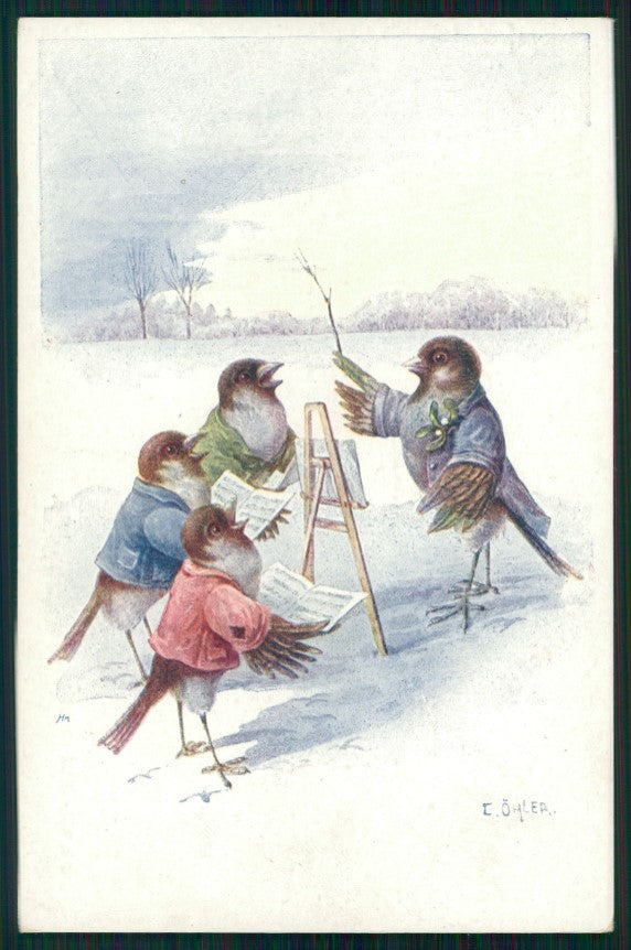 Artist Signed C. Ohler Dressed Bird Music Band B K W I 3024-5 postcard TC3755 – fronte