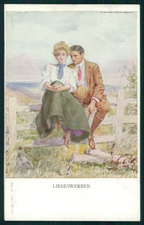 Viennoise Romantic Couple Golf M M Vienne serie 1125 postcard TC3852 – fronte