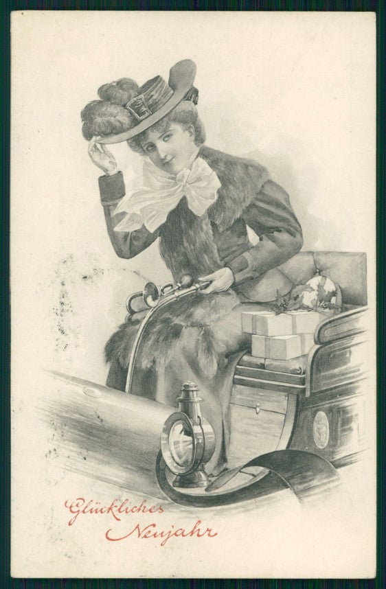 Viennoise Glamour Fashion Lady Car Christmas 95219 postcard TC3869 – fronte
