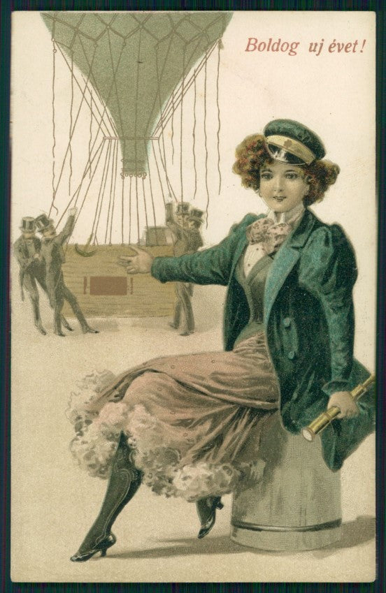 Viennoise Glamour Fashion Lady Hot Air Balloon CORNER CREASED postcard TC3900 – fronte