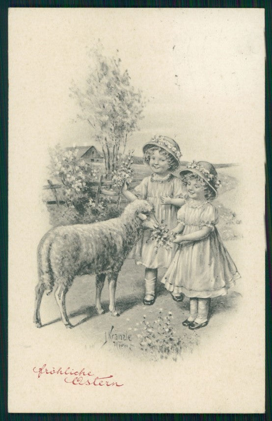 Artist Signed Viennoise Kranzle Easter Children 248 postcard TC3995 – fronte