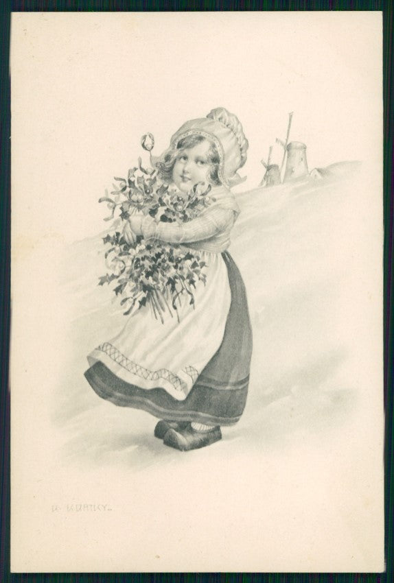 Artist Signed Viennoise Kratki Dutch Girl Windmill Child postcard TC4002 – fronte