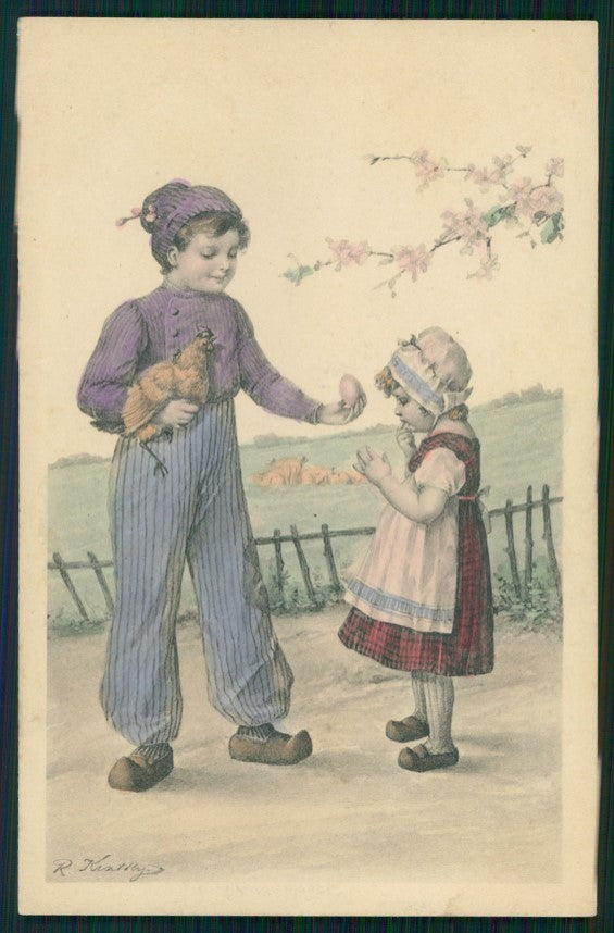 Artist Signed Viennoise Kratki Easter Children postcard TC4003 – fronte