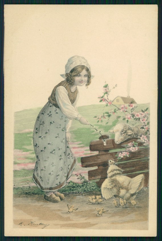 Artist Signed Viennoise Kratki Easter Girl postcard TC4004 – fronte