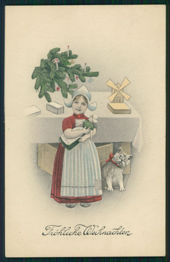 Artist Signed Viennoise Kratki Dutch Girl Cat Christmas postcard TC4005 – fronte