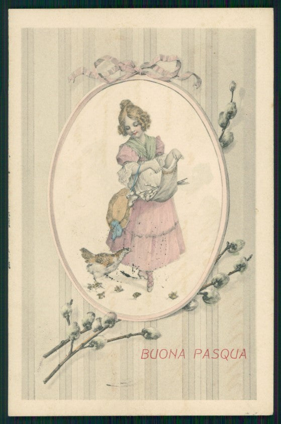 Artist Signed Viennoise Kratki Easter Girl postcard TC4007 – fronte
