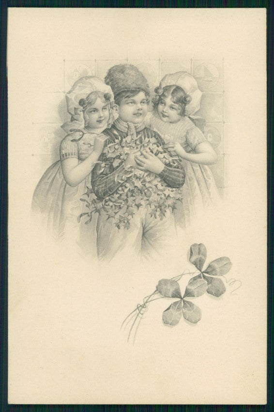 Artist Signed Kratki Children Christmas Four Leaf Clover serie 214 pc TC4008 – fronte