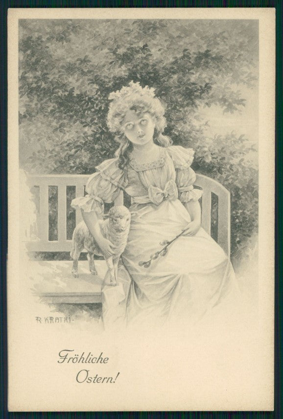 Artist Signed Viennoise Kratki Easter Girl serie 217 postcard TC4010 – fronte