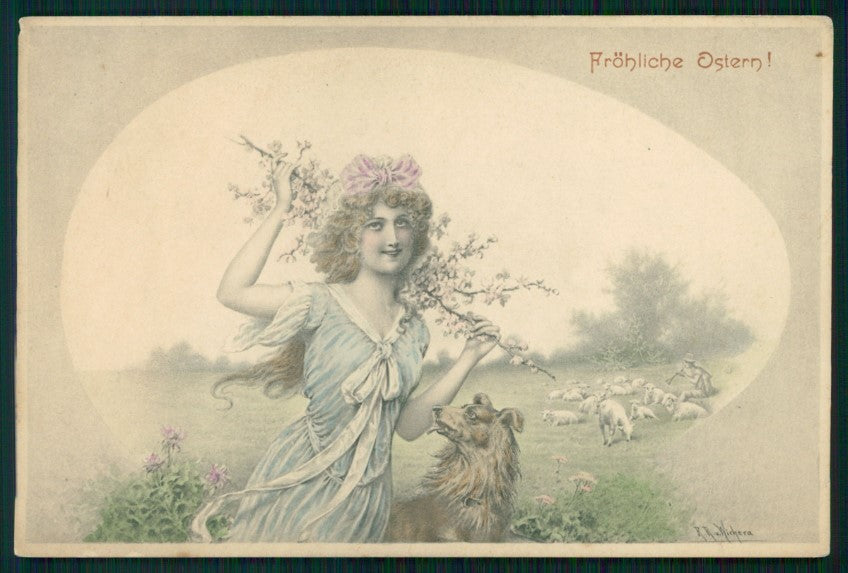 Artist Signed Viennoise Wichera Lady Collie Dog Easter M M Vienne 78 pc TC4055 – fronte
