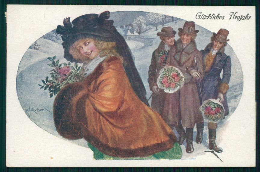 Artist Signed Viennoise Schubert Glamour Fashion Lady Big Hat postcard TC4062 – fronte