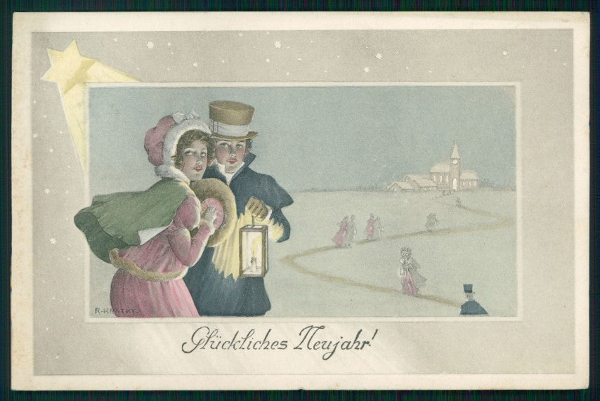 Artist Signed Viennoise Kratki Romantic Couple Winter Landscape 672 pc TC4075 – fronte