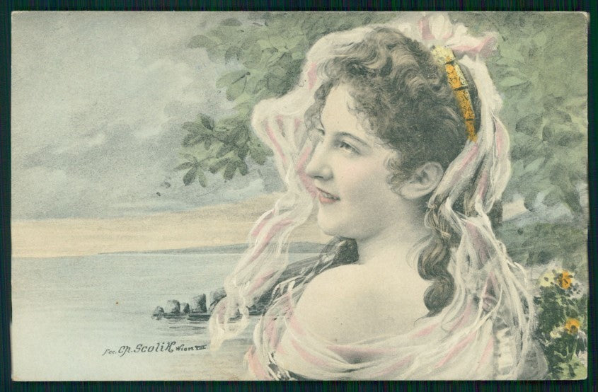 Artist Signed Viennoise Scolik Art Nouveau Lady postcard TC4078 – fronte