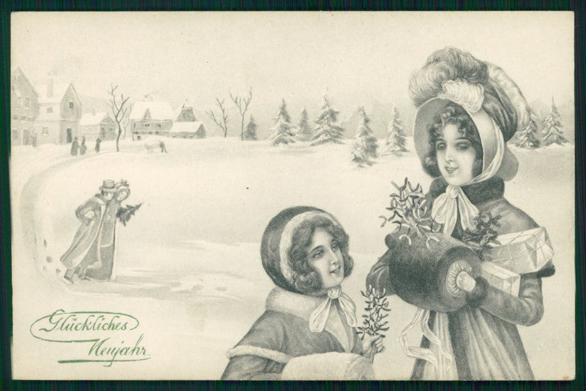 Viennoise Romantic Couple Winter Landscape 5200 postcard TC4081 – fronte