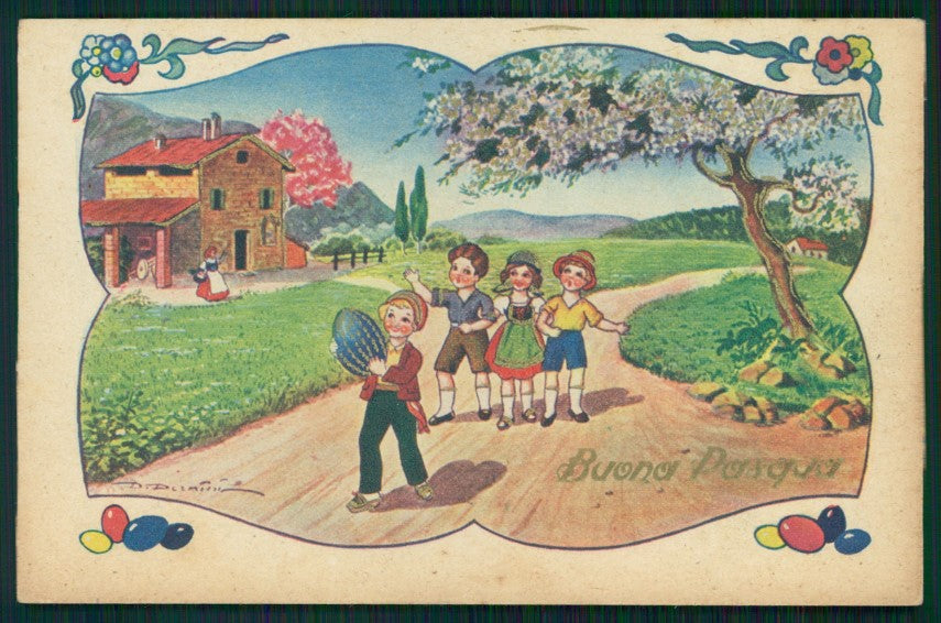 Artist Signed Dernini Easter Children serie 381 postcard TC4288 – fronte