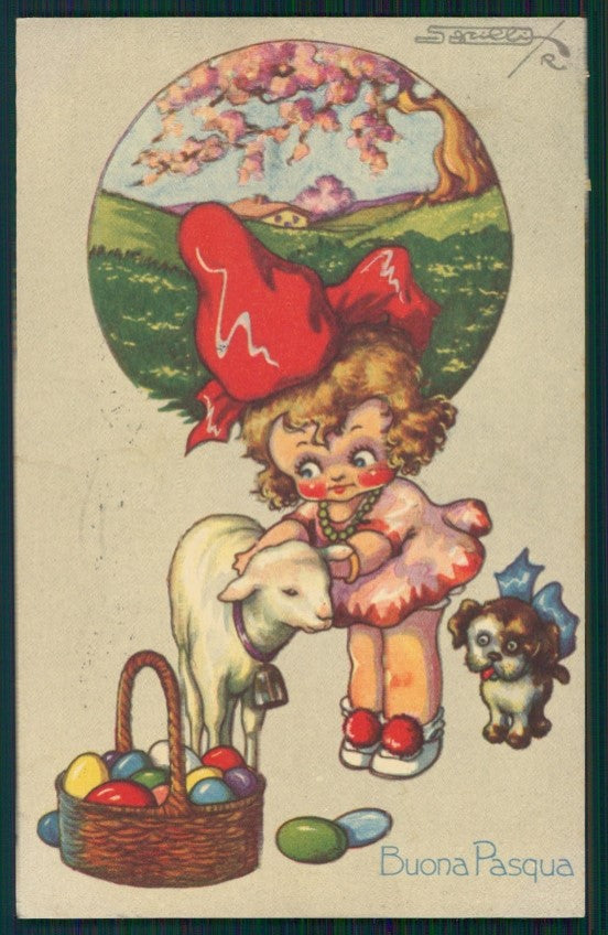 Artist Signed Sgrilli Girl Easter Egg Lamb serie 1834-2 postcard TC4303 – fronte