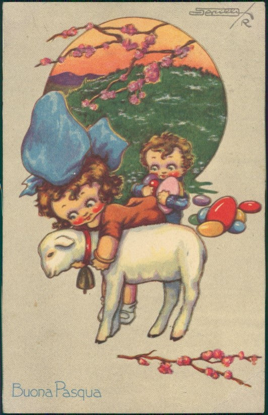 Artist Signed Sgrilli Girl Easter Egg Lamb 1834-1 CORNER CREASED postcard TC4304 – fronte