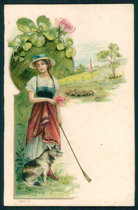 Lady Dog Four Leaf Clover Good Luck Relief 3500 PIN HOLE postcard TC4544 – fronte