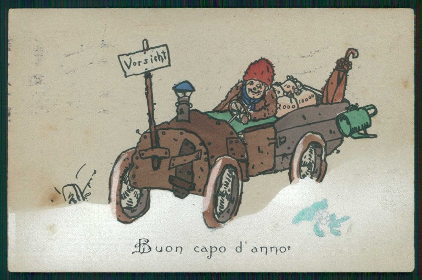 Artist Signed Baumgarten ? Happy New Year Man Car postcard TC4556 – fronte
