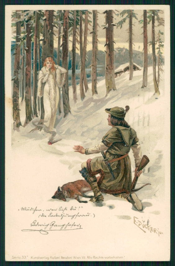 Artist Signed E. Docker Jagd Hunt Fox Winter Lady serie 33 postcard TC4565 – fronte