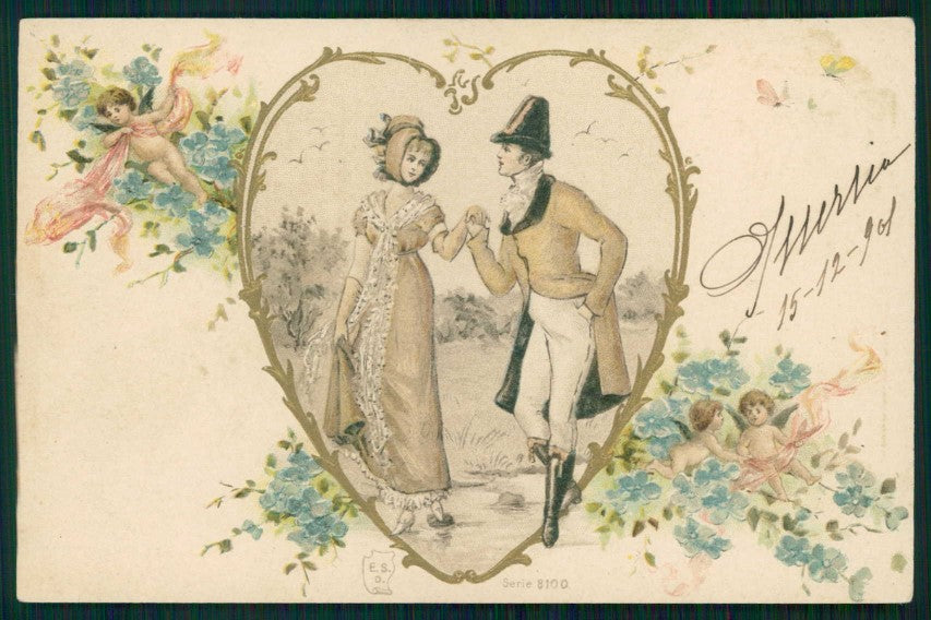 Art Nouveau Romantic Couple Heart Relief serie 8100 postcard TC4592 – fronte