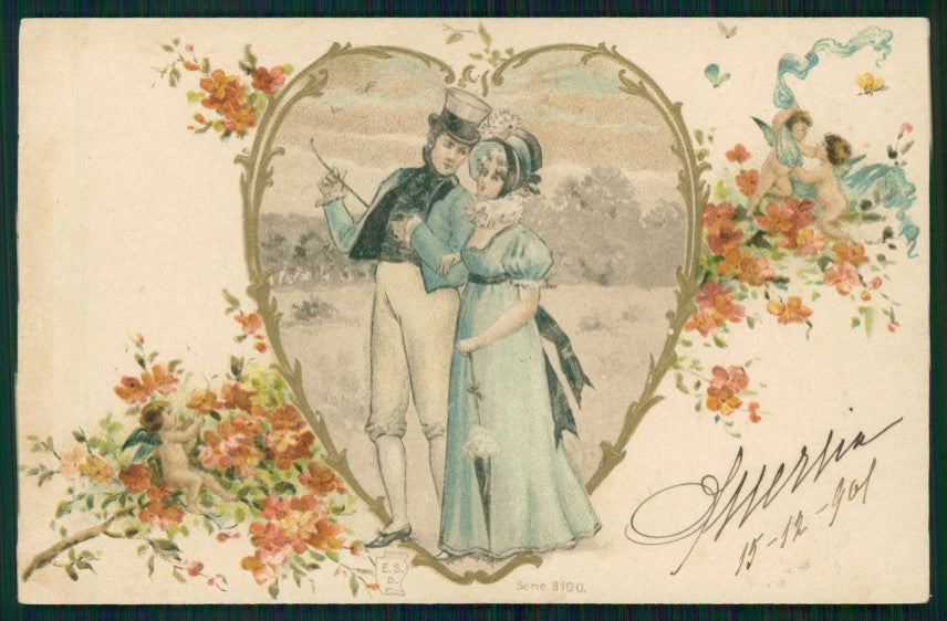 Art Nouveau Romantic Couple Heart Relief serie 8100 UNGLUED postcard TC4593 – fronte