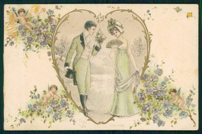 Art Nouveau Romantic Couple Heart Relief serie 8100 postcard TC4594 – fronte