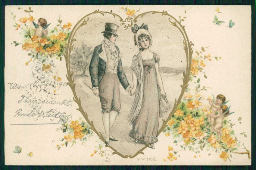 Art Nouveau Romantic Couple Heart Relief serie 8100 postcard TC4595 – fronte