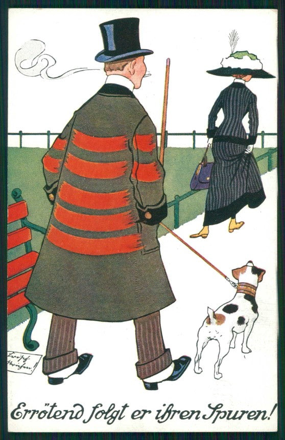 Artist Signed Lady Man Dog Comic Scherz serie 4352 postcard TC4599 – fronte
