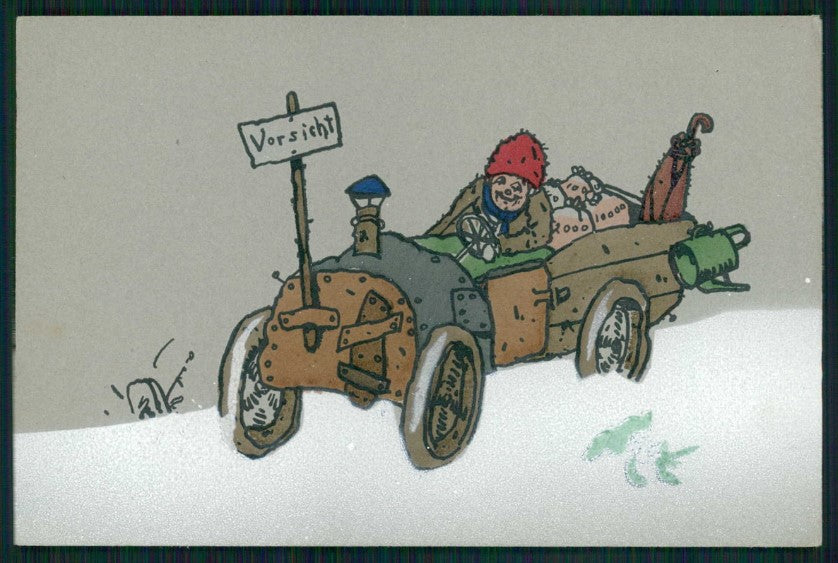 Artist Signed Baumgarten ? Happy New Year Man Car postcard TC4621 – fronte