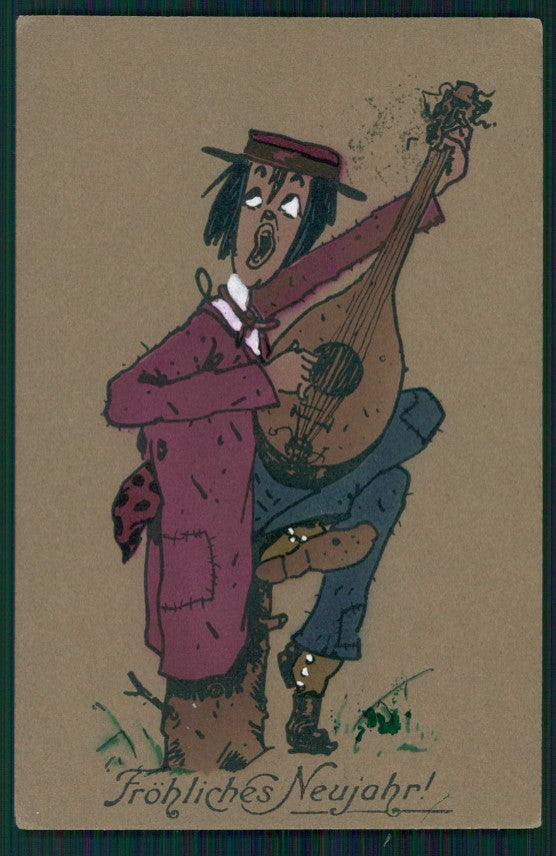 Artist Signed Baumgarten ? Happy New Year Man Playing Mandolin postcard TC4622 – fronte