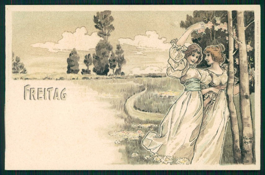 Artist Signed Frundt Art Nouveau Lady Days of the Week Tage der Woche pc TC4779 – fronte