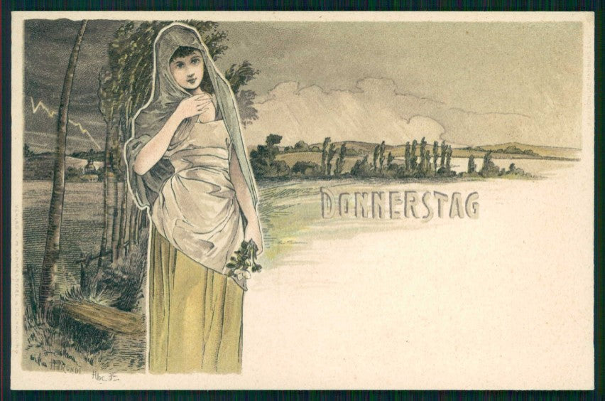 Artist Signed Frundt Art Nouveau Lady Days of the Week Tage der Woche pc TC4780 – fronte