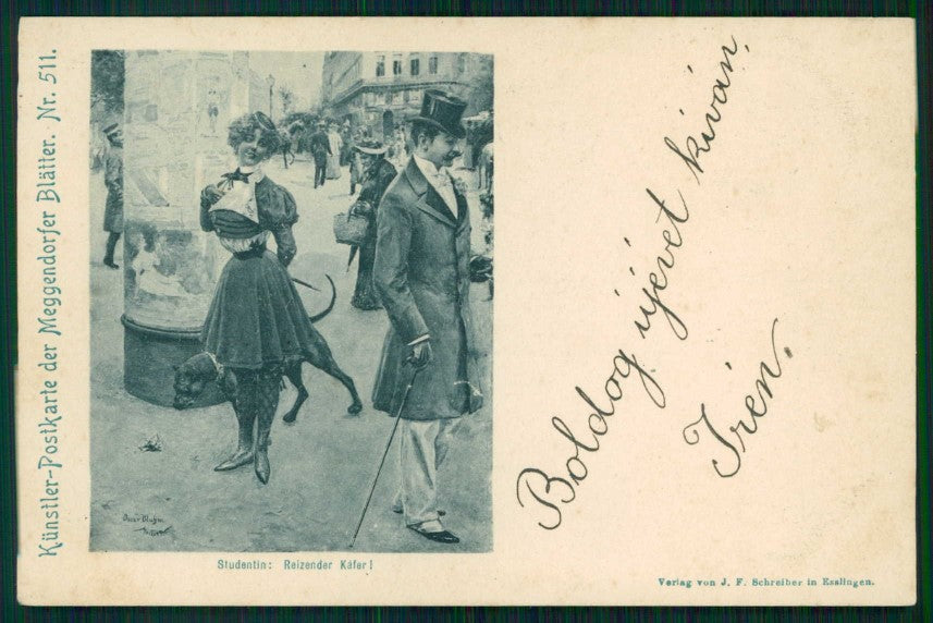 Artist Signed Bluhm Lady Graet Dane Dog Meggendorfer Blatter 511 postcard TC4869 – fronte