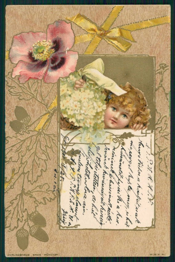 Artist Signed Frances Brundage ? Art Nouveau Girl Flower Relief postcard TC4876 – fronte