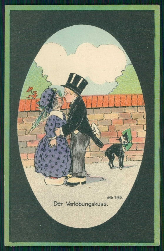 Artist Signed Anny Tekauz Children Boston Terrier dog postcard TC4990 – fronte
