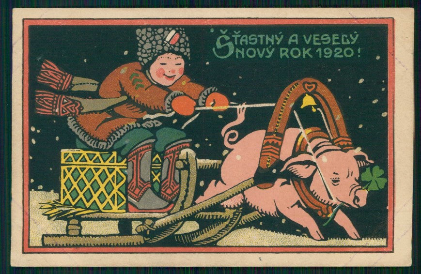 Child Pig Four Leaf Clover Good Luck postcard TC5000 – fronte