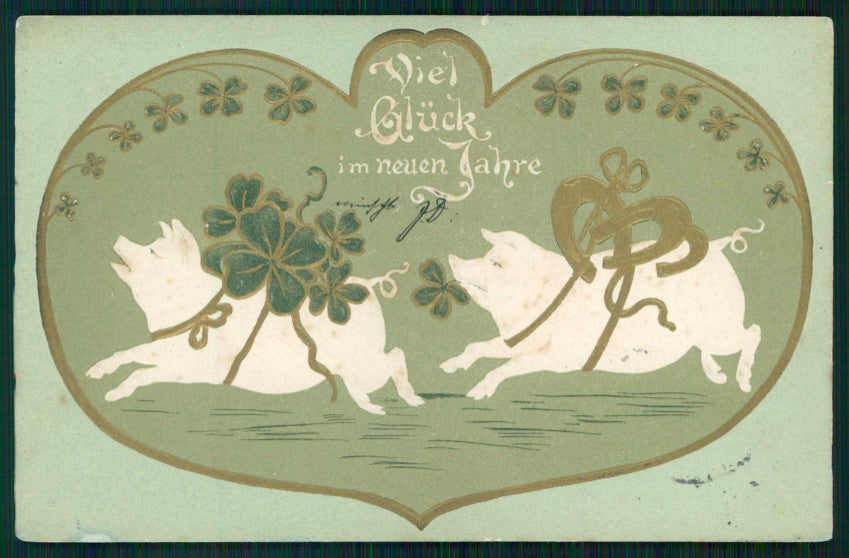 Pig Happy New Year Four Leaf Clover Good Luck Relief postcard TC5009 – fronte